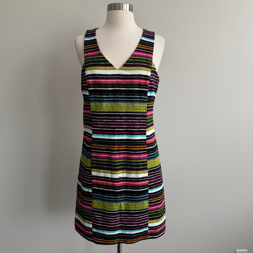 Trina Turk Sleeveless Multi Stripe V-Neck Sheath Dress Pockets TD144011 Size 4